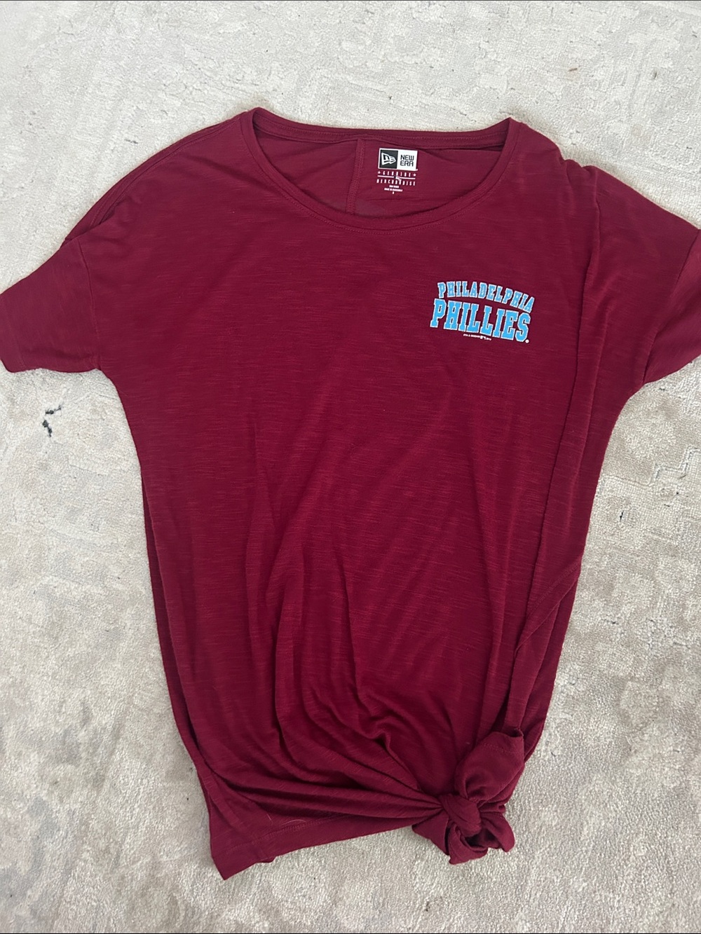 New Era Women's Maroon Philadelphia Phillies Tee with Side Knot and back logo